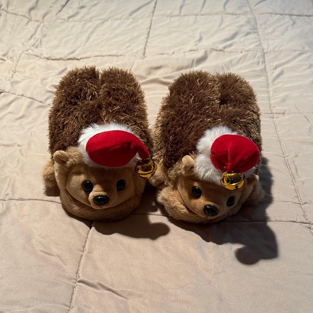 Brown Hedgehog Slippers with Santa Hats